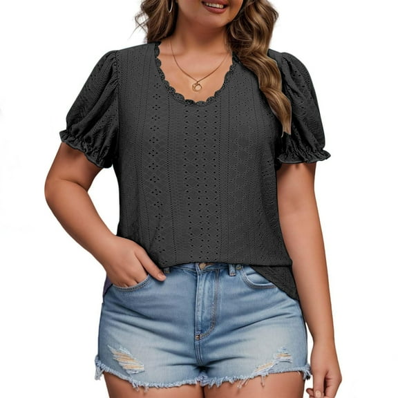 ZKCCNUK Women's Tops Summer Plus Size Solid Color Round Neck Hollow Puff Sleeve Short Sleeve Round Neck Top/Shirt