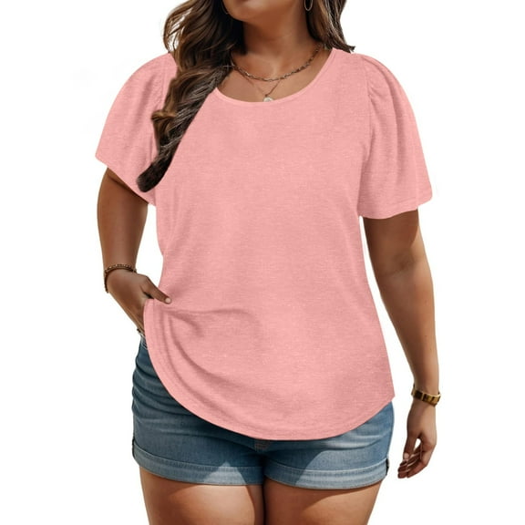 ZKCCNUK Women's Tops Summer Solid Color Plus Size Tops Puff Short Sleeve Round Neck Loose Fashion Short Sleeve Round Neck Top