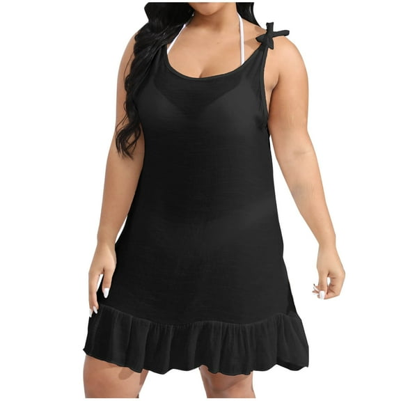 ZKCCNUK Womens Dresses 2025 Solid-Color Plus-Size Ruffled Beach Cover Shirt Tied Bow Dress