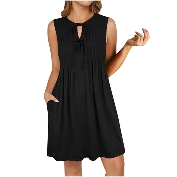 ZKCCNUK Womens Dresses 2025 Solid Dresses for Summer Casual Sleeveless Fold Self Tie Front Pleated Mini Sundress Beach Vacation Dress with Pocket