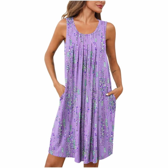 ZKCCNUK Womens Nightgown Women Print with Pockets Sleep Shirts Sleeveless Sleepwear Pleated Front Nightshirt Round Neck Nightdress S-2XL