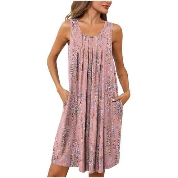 ZKCCNUK Womens Nightgown Women Print with Pockets Sleep Shirts Sleeveless Sleepwear Pleated Front Nightshirt Round Neck Nightdress S-2XL