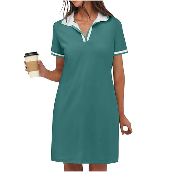 ZKCCNUK Womens Summer Dress Women’s Solid Dresses Short Sleeve V Neck Casual Summer Tennis Golf Mini Shirt Dress with Pockets