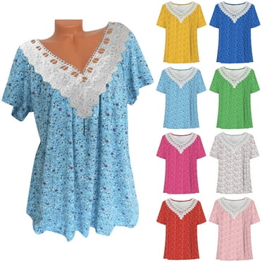 Summer Savings Clearance! ZKCCNUK Womens Tops Clearance Under $5 Casual Printing Shirts Short Sleeve Tops V Neck Lace Stitching Blouse