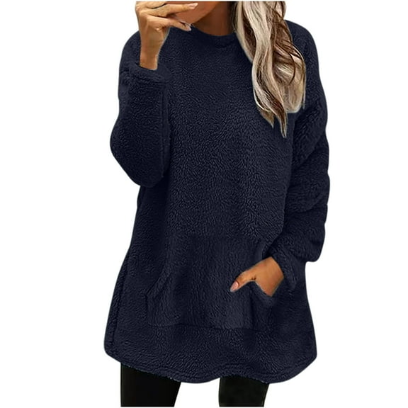 ZKCCNUK Womens Tops Round- Neck Fall and Winter Loose Solid Pocket Warm Long Sleeve Blouse Tops,Sizes S-2XL