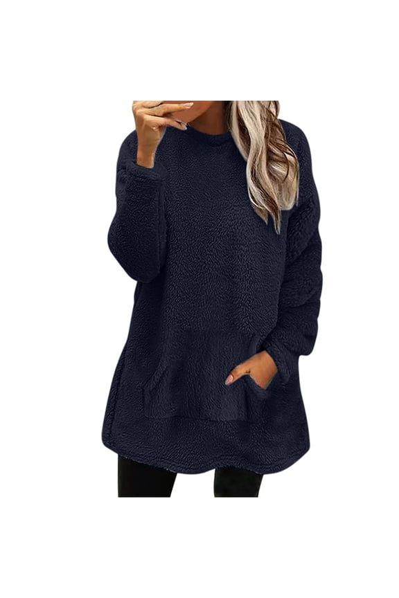 ZKCCNUK Womens Tops Round- Neck Fall and Winter Loose Solid Pocket Warm Long Sleeve Blouse Tops,Sizes S-2XL