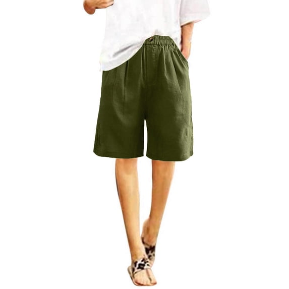ZKCCNUK Workout Shorts Women Half Shorts Pants Summer Elastic Waist Buttons Casual Linen Pockets Pants S-3XL