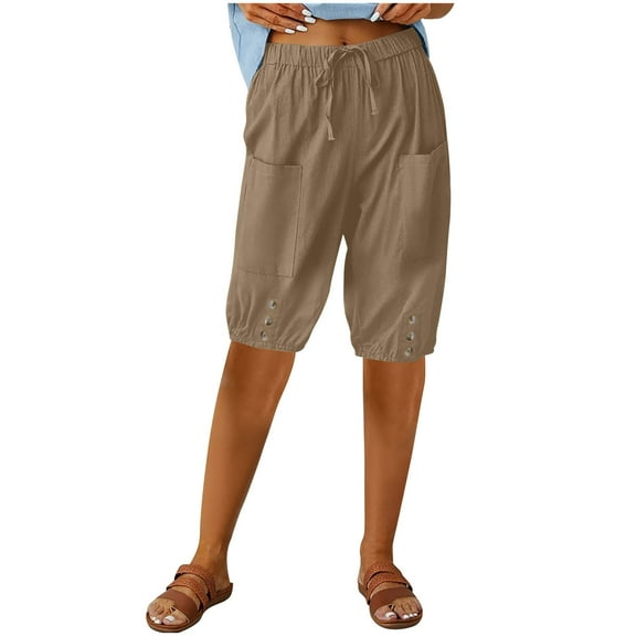 ZKCCNUK Workout Shorts Women Summer Casual Elastic Waist Solid Color Pocket Capris S-3XL