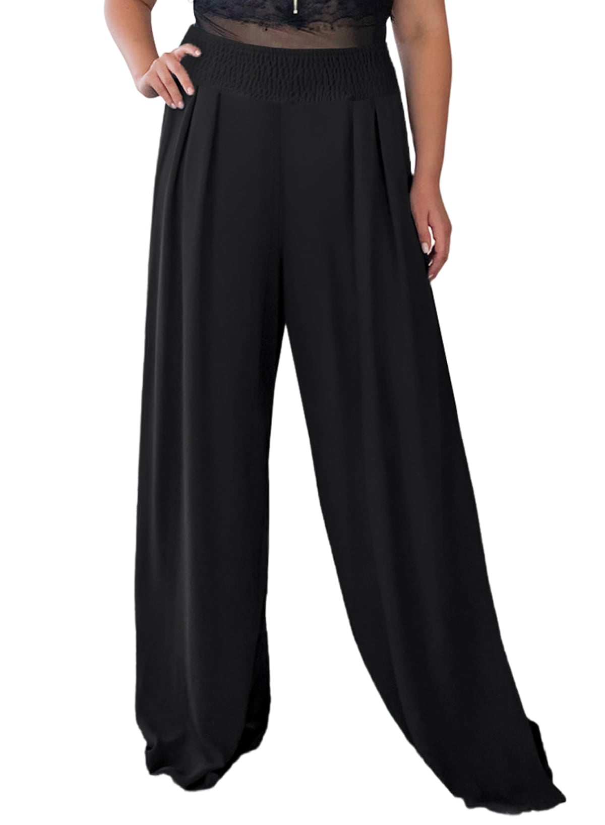 ZKESS Plus Size Wide Leg Pants for Women Casual Loose Smocked High ...