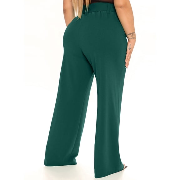 ZKESS Plus Size Wide Leg Pants for Women Palazzo Pants Loose Fit Trouser Pants Wide Leg Belted Lounge Pants with Pockets 1X Green