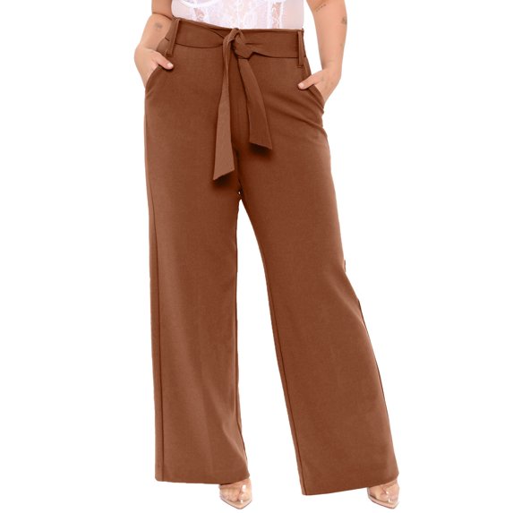ZKESS Wide Leg Palazzo Pants for Women Plus Size Loose Fit Trouser Pants Wide Leg Belted Lounge Pants with Pockets 1X Brown