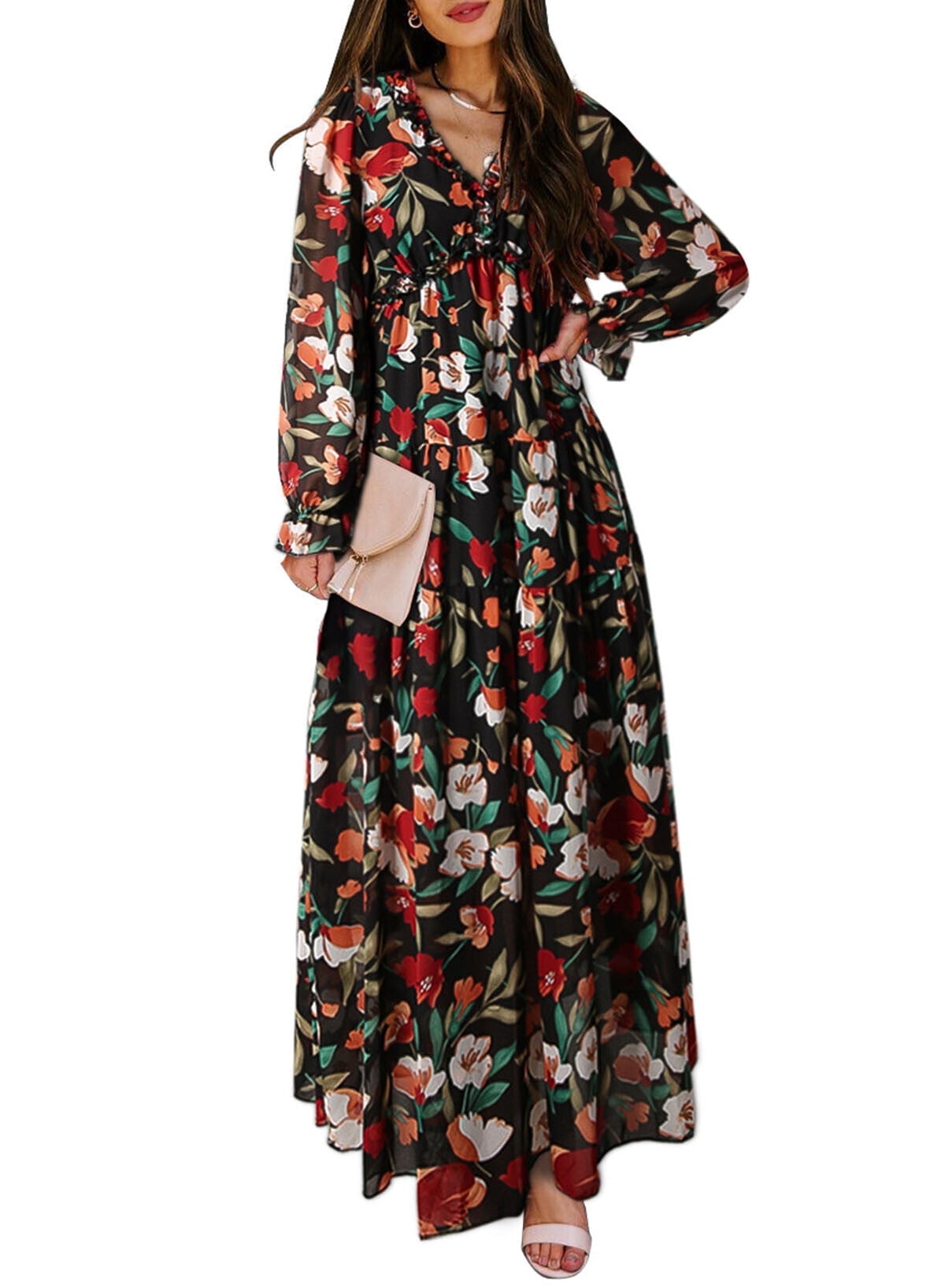 SHEWIN Women's Bohemian Floral Maxi Dress, Long Sleeve, High Waist, Size S - Walmart.com