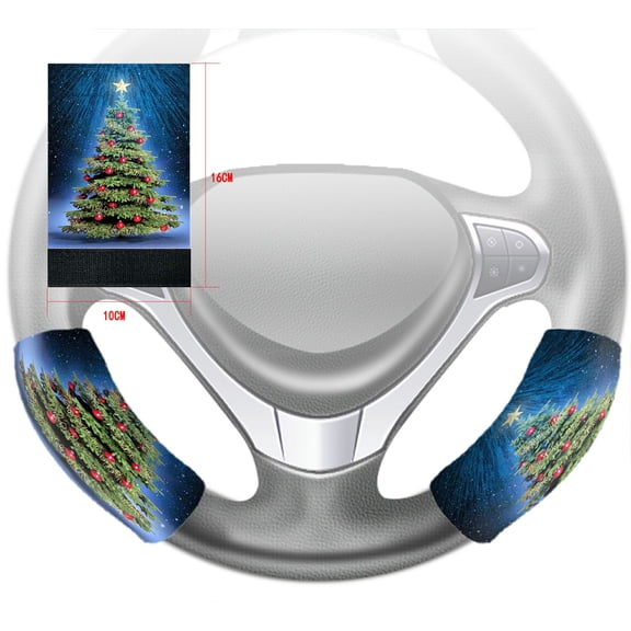 ZKGK Merry Christmas Tree Steering Wheel Cover Hook and Loop Covers For Car Size 10x16cm 2 PCS