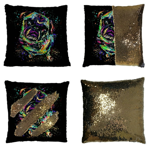 ZKGK Pug Puppy Reversible Mermaid Sequin Pillow Case 16x16 inches