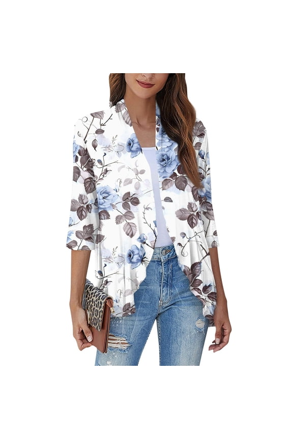 3/4 Length Long Womens Cardigans Summer Ruffle Cardigan for Women Lightweight Open Front Shrug Cardigan Floral Print Dressy Casual Soft Oversized Cardigans White 3XL