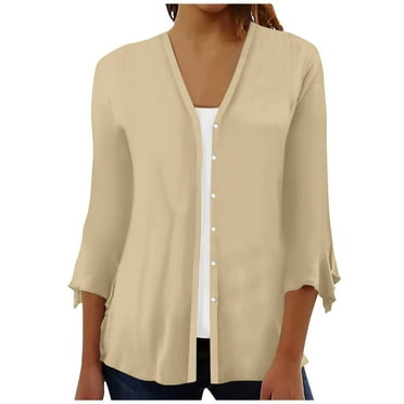 ZKIRBJV Cardigan Sweaters for Women Lightweight 3/4 Sleeve Plus Size Shrug Open Front Shrug Cardigan Light Solid Color Dressy Casual Boho Outwear Coat Khaki 3XL