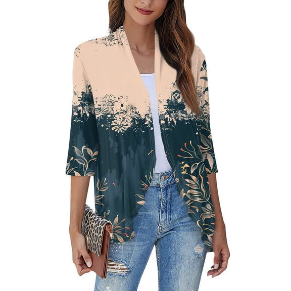 ZKIRBJV Cardigan for Women 3/4 Sleeve Plus Size Shrug Lightweight Open Front Shrug Ruffle Trim Cardigan Floral Print Dressy Casual Boho Outwear Coat Navy 3XL