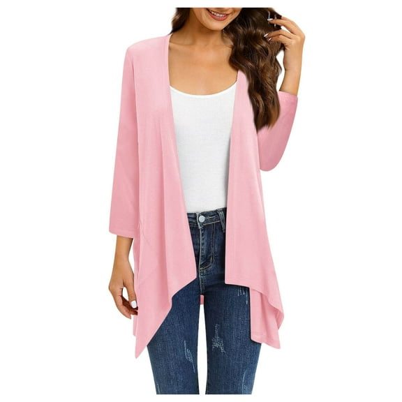 ZKIRBJV Cardigan for Women 3/4 Sleeve Womens Summer Shrugs or Sweaters Lightweight Open Front Shrug Cardigan Floral Print Dressy Casual Cute Outwear Coat Pink XL