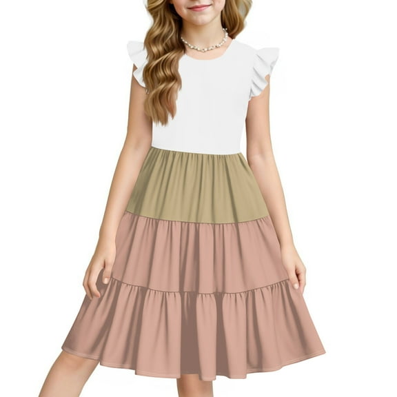 ZKIRBJV Dress for Girls Size 10-12 Beach Gradient Short Sleeve Dresses Summer Girls Crew Neck Princess Vacation Outfits Birthday Sun Dress Red 9-10 Years