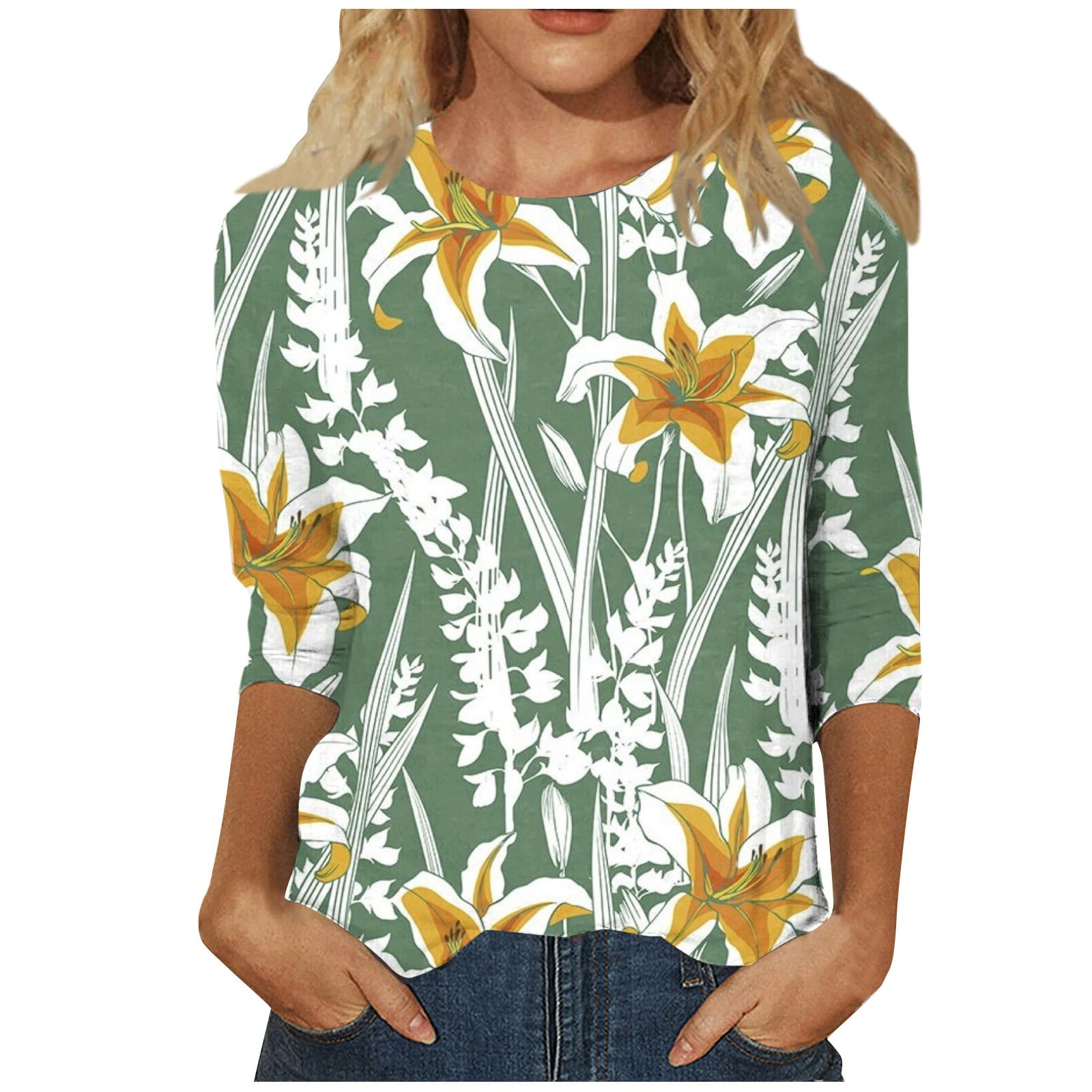 ZKIRBJV Elbow Sleeve Summer Tops for Women 2024 Fashion Round Neck