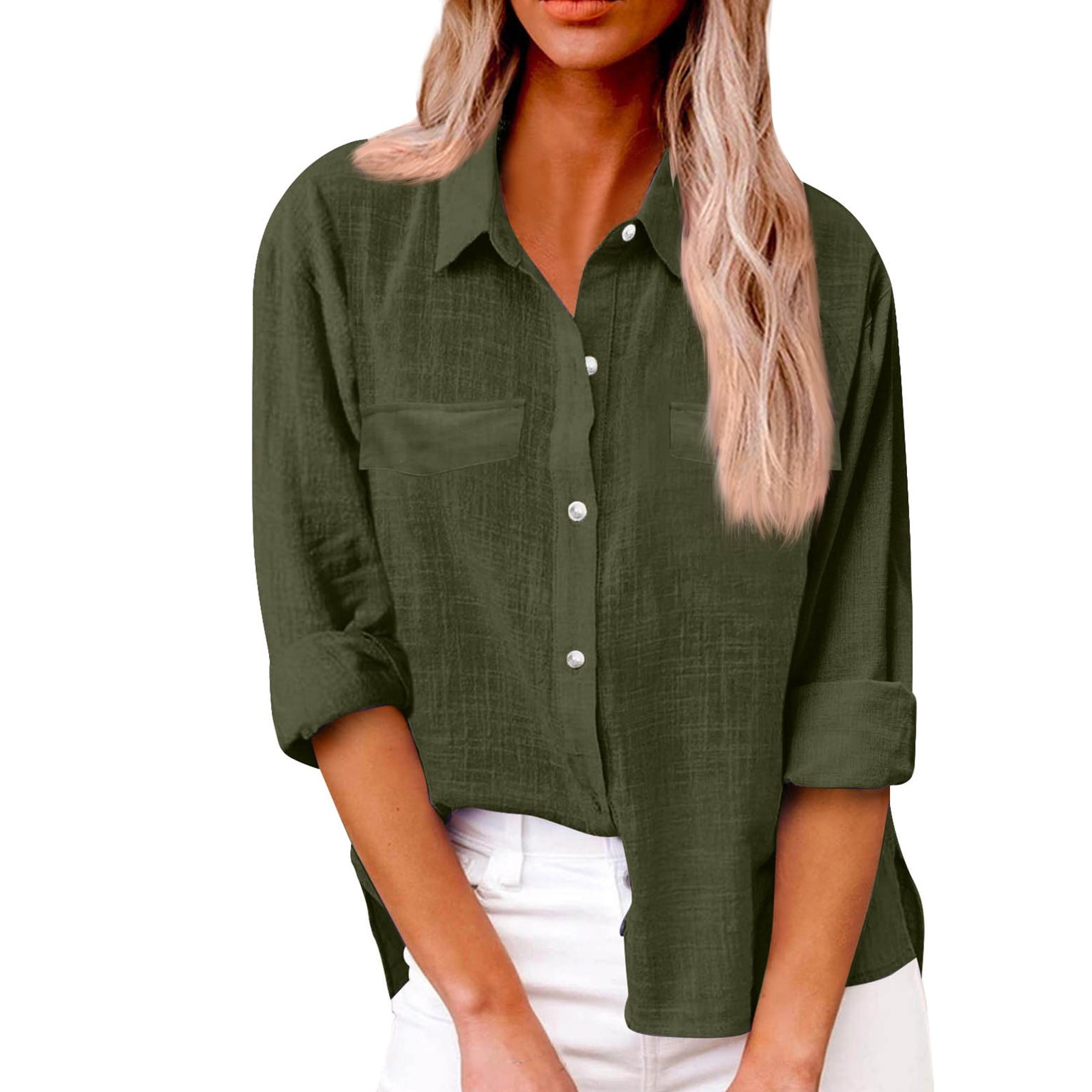 ZKIRBJV Gauze Shirts for Women Cotton Linen Fall Tops Plus Size Button Down Shirts Casual Long Sleeve Gauze Blouses Trendy Boho Clothing Army Green XL Walmart