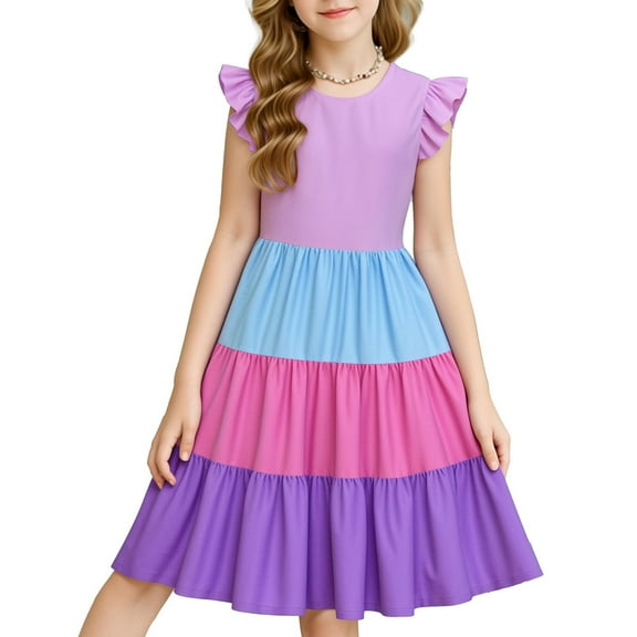 ZKIRBJV Girls Dresses Size 10-12 Casual Gradient Short Sleeve Dresses Summer Little Girls Crew Neck Princess Vacation Outfits Butterfly Sundress Wine 7-8 Years
