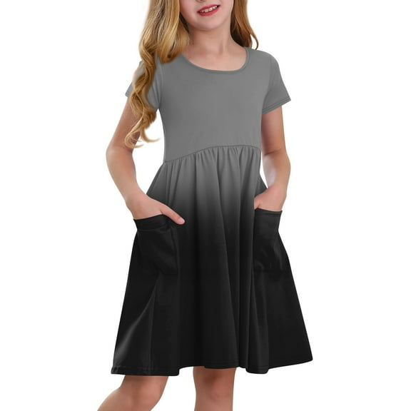 ZKIRBJV Girls Dresses Size 10-12 Cute Crew Neck Short Sleeve Dresses Summer Gradient Party Princess Sundress Gray 5-6 Years