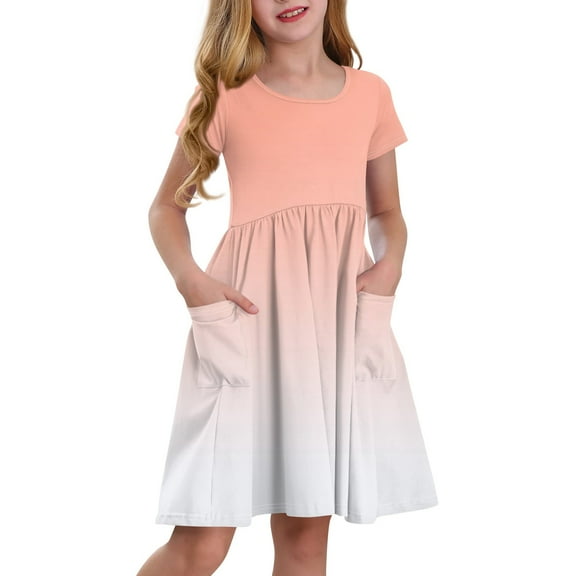 ZKIRBJV Girls Dresses Size 10-12 Cute Gradient Short Sleeve Dresses Summer Girl Crew Neck Princess A-Line Dress School Sundress Orange 4-5 Years
