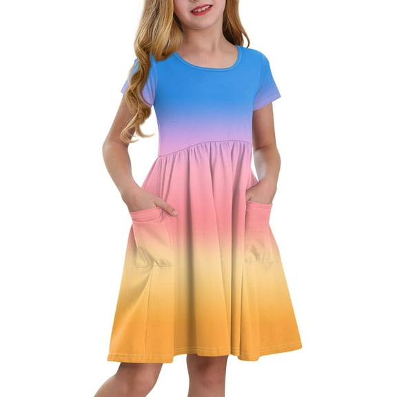 ZKIRBJV Girls Summer Dress Size 10-12 Beach Gradient Short Sleeve Dresses Summer Children Crew Neck Princess Midi Dress Butterfly Sundress Multicolor 4-5 Years
