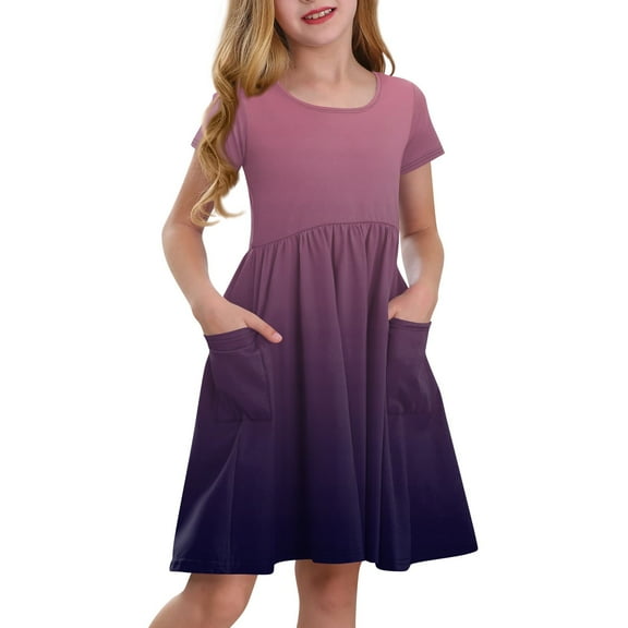 ZKIRBJV Girls Summer Dress Size 10-12 Cute Gradient Short Sleeve Dresses Summer Kids Crew Neck Princess Midi Dress School Sundress Purple 12-14 Years