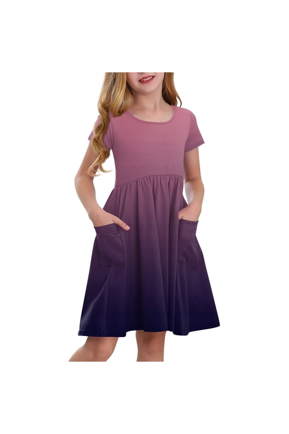 ZKIRBJV Girls Summer Dress Size 10-12 Cute Gradient Short Sleeve Dresses Summer Kids Crew Neck Princess Midi Dress School Sundress Purple 12-14 Years