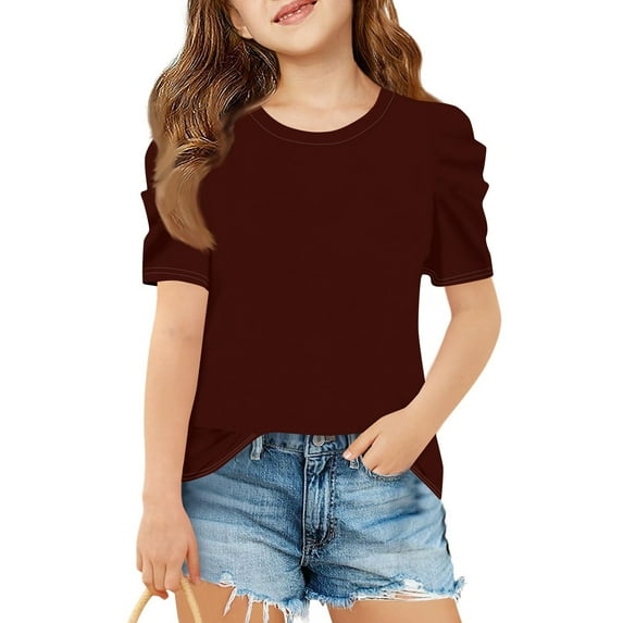 ZKIRBJV Girls Summer Tops Size 10-12 Casual Puff Short Sleeve Tee Top Summer Cute Crew Neck Shirts Little Girl Crop Floral Plain Blouse Wine 12-14 Years