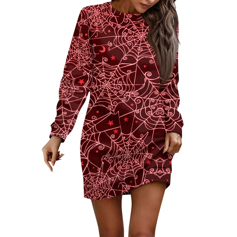 ZKIRBJV Halloween Sweatshirt Dresses for Women 2024 Long Sleeved Oversized Party Sweater Dress Trendy Crew Neck Spider Web Print Long Hoodie Dresses Spooky Winter Curvy Loose Pullover Costume Red 2XL ...