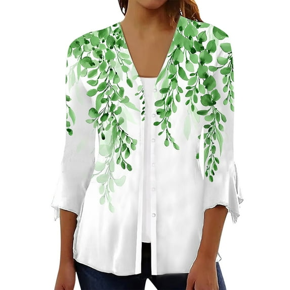 ZKIRBJV Kimono Cardigans for Women 3/4 Sleeve Lightweight Cardigans Open Front Shrug Cardigan Floral Print Dressy Casual Soft Kimono Cardigan Green 2XL