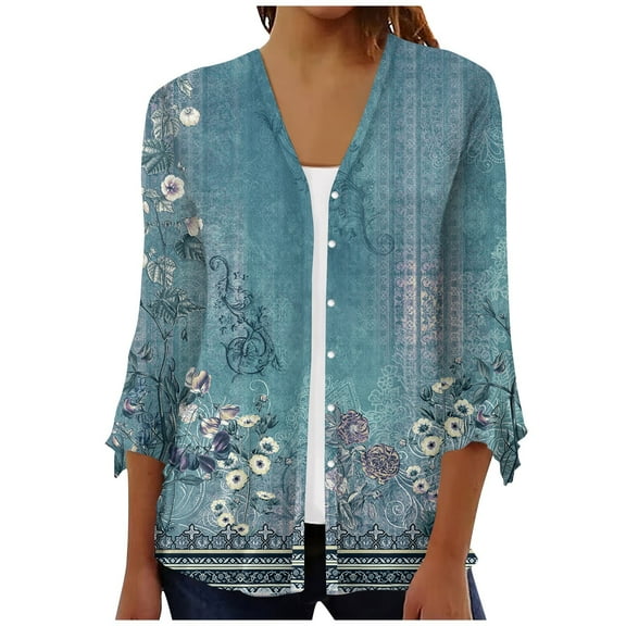 ZKIRBJV Kimono Cardigans for Women 3/4 Sleeve Plus Size Lightweight 3/4 Sleeve Cardigan Open Front Shrug Cardigan Floral Print Dressy Draped Floral Cardigan Blue L
