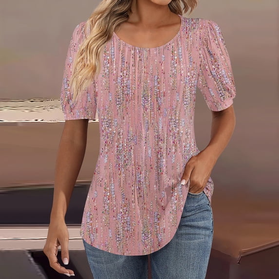 ZKIRBJV Ladies Tops and Blouses Puff Short Sleeve Shirts Pleated Front Round Neck Summer Tops Ethnic Floral Print Plus Size Cute Dressy Casual Tunics Pink XL