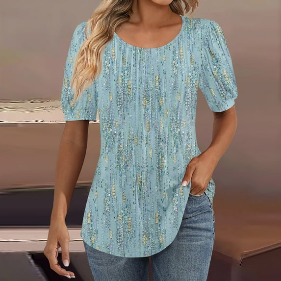 ZKIRBJV Ladies Tops and Blouses Puff Short Sleeve Summer Tops Pleated Front Scoop Neck Tshirts Ethnic Floral Print Loose Fit Fashion Dressy Casual Tunics Shirts Blue 3XL