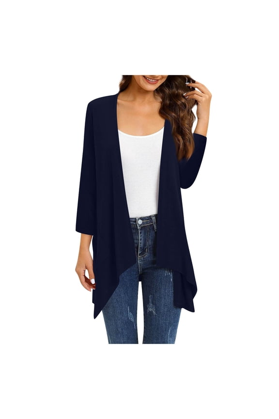 Lightweight Duster Top 3/4 Sleeve Black Cardigan for Women Open Front Shrug Cardigan Floral Print Dressy Casual Cute Outwear Coat Navy 3XL