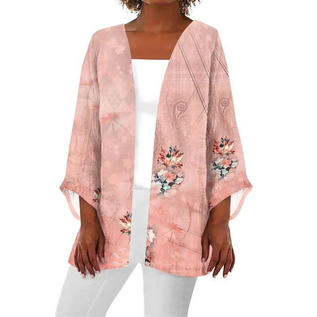 ZKIRBJV Lightweight Spring Kimonos 3/4 Sleeve Light Weight Cardigan Women Open Front Shrug Cardigan Ethnic Floral Print Dressy Draped Spring Cardigans Pink 3XL