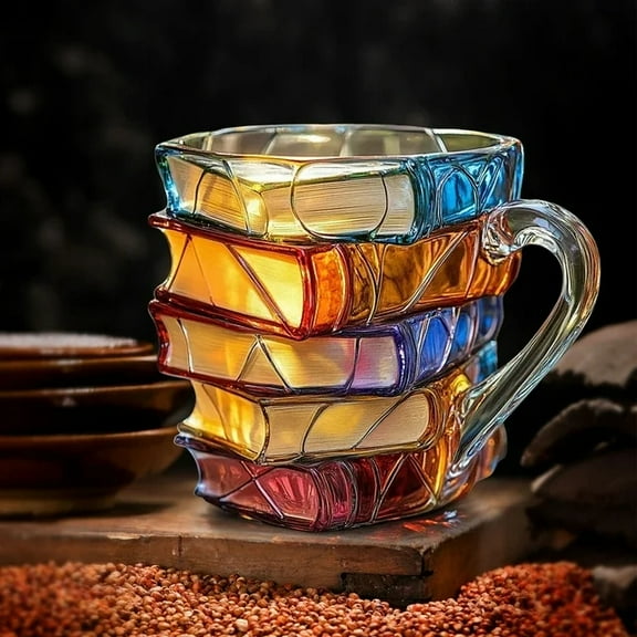 ZKIRBJV Painted Book Mug, Novelty 3D Colored Glass Book Coffee Mug, Handcrafted 3D Book Haven Mug, Stained Glass Bookhaven Mugs,11oz Novelty Coffee Mugs for Hot or Cold Brews,for Librarians & Writers