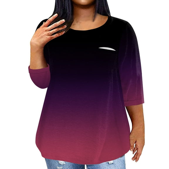 ZKIRBJV Plus Size T Shirts for Women Loose Fit Going Out Tees Shirt 3/4 Length Sleeve Crew Neck Gradient Print T-Shirt 4x-5x Tunic Tops Wine L