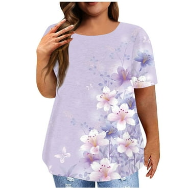 ZKIRBJV Plus Size Tops for Women 4x-5x Summer Short Sleeve T Shirts Floral Graphic T-Shirt Crew Neck Tunic Casual Loose Fit Trendy Tunics R26-Purple 5XL