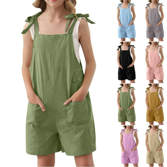 ZKIRBJV Rompers for Girls Size 10-12 Spaghetti Strap Short Jumpsuit Cute Linen Sleeveless Pants Casual Loose Solid Colour Square Neck Summer Outfits with pockets Black 12-14 Year
