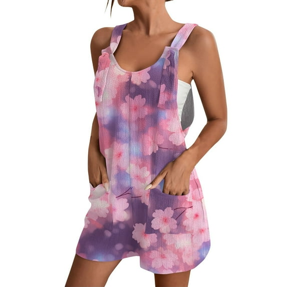 ZKIRBJV Rompers for Women Trendy Strap Adjustable Short Overalls Denim Oversized Tie Strap Jumpsuits Sleeveless Loose Outfits with Pockets Purple Pink 3XL