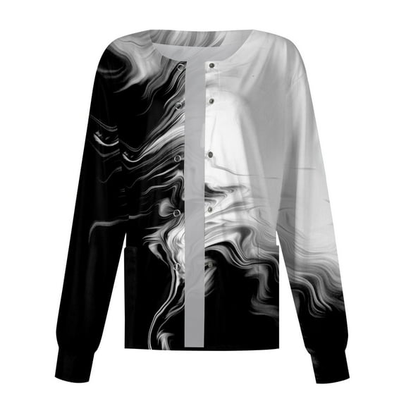 ZKIRBJV Scrub Jackets for Women Button Up Warm-Up Long Sleeve Scrubs Coats Butterfly Printed Spring Crew Neck Scrub Jacket Oversize Nursing Working Uniforms with Pockets Black S