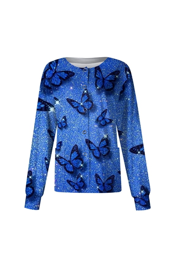 Scrub Jackets for Women Long Sleeve Snap Front Warm Scrubs Tops Butterfly Print Fall Plus Size Scrub Jackets Stand-Up Collar Medical Nurse Working Lab Coats with Pocket Blue S