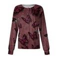 thumbnail image 1 of ZKIRBJV Scrub Jackets for Women Long Sleeve Warm Snap Front Scrubs Tops Crew Neck Butterfly Printed Plus Size Scrub Jacket Fall Medical Nurse Working Workwear with Pockets Wine 3XL, 1 of 3