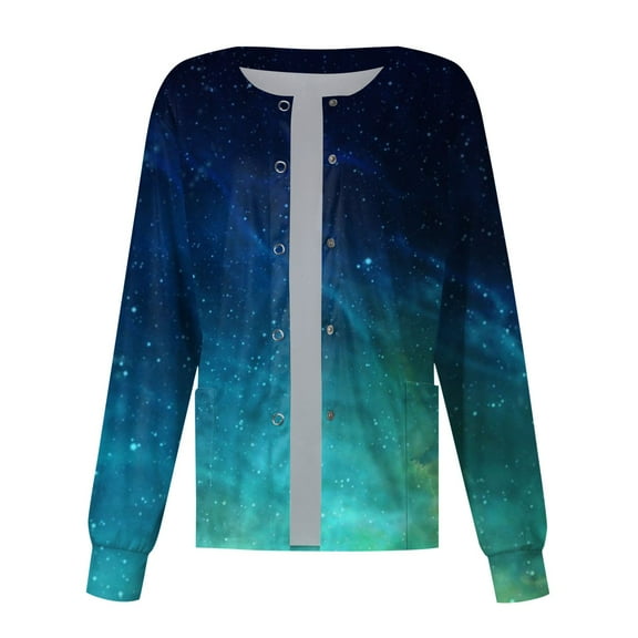 ZKIRBJV Scrubs for Women Snap Front Warm Long Sleeve Scrubs Coats Butterfly Print Spring Crew Neck Scrub Jackets Plus Size Medical Nurse Work Lab Tops with Pockets Royal Blue XL