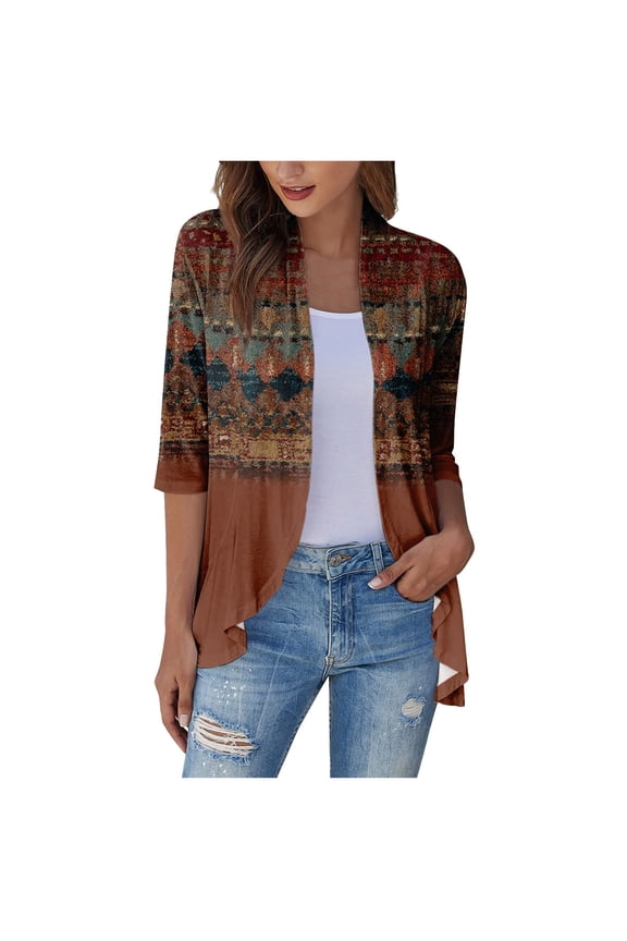 Summer Cardigans for Women Lightweight 3/4 Sleeve Lightweight Spring Kimonos Open Front Shrug Cardigan Floral Print Dressy Casual Boho Spring Cardigans Brown 2XL