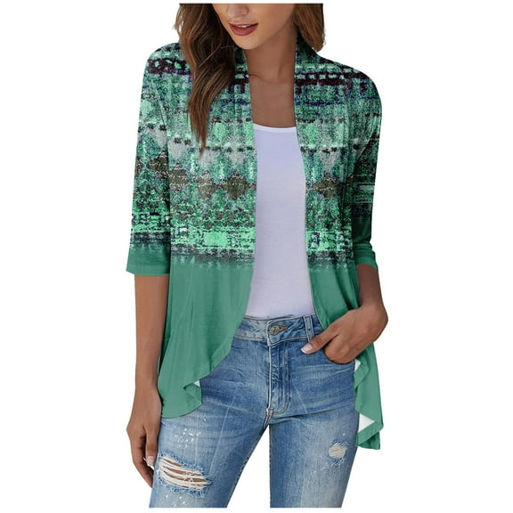 ZKIRBJV Summer Shrugs for Women Lightweight 3/4 Sleeve Kimono Cardigans for Women Open Front Shrug Cardigan Floral Print Dressy Casual Cute Plus Size Cardigan Mint Green S